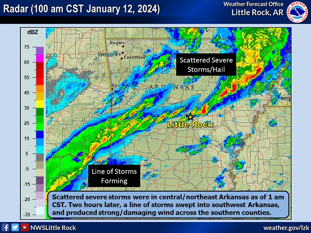 The WSR-88D (Doppler Weather Radar) showed scattered severe thunderstorms (producing mainly large hail) in central and northeast Arkansas at 100 am CST on 01/12/2024. Meanwhile, a line of thunderstorms formed to the southwest, and swept across the southern counties during the predawn hours (producing mainly strong to damaging wind).