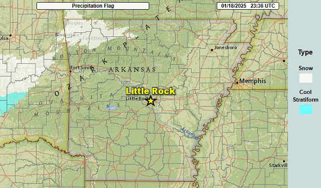 The WSR-88D (Doppler Weather Radar) showed light snow spreading across the Ozark and Ouachita Mountains (northern and western Arkansas) in the eight hour period ending at 136 am CST on 01/19/2025. Most of the accumulating snow was in areas along the Missouri border.