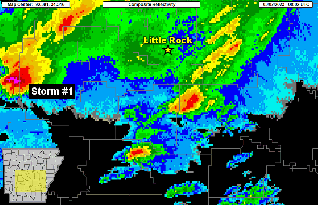 The WSR-88D (Doppler Weather Radar) showed two severe storms of interest across southern Arkansas between 600 pm and 830 pm CST on 03/01/2023. The storms unleashed very large hail, and caused spotty wind damage.