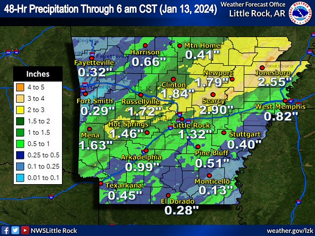 Forty eight hour rainfall through 600 am CST on 01/13/2024.