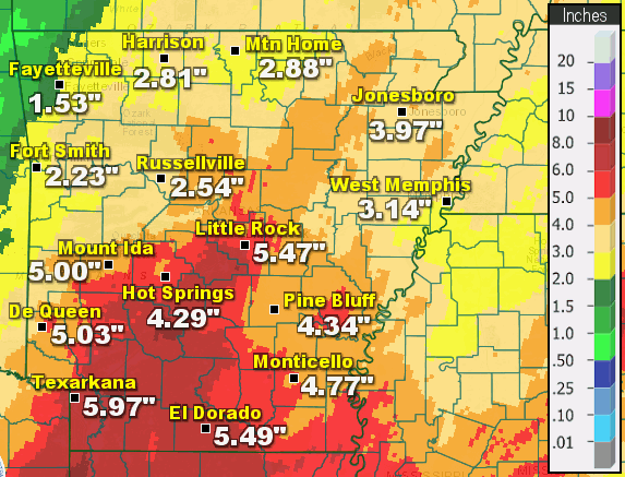 Seven day rainfall ending at 600 am CST on 01/28/2024. Four to more than seven inches of rain dumped in portions of central and southern Arkansas. Along the Gulf Coast, more than ten inches of precipitation was measured in eastern Texas and southern Louisiana.