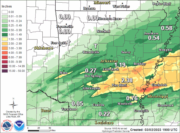 Forty eight hour rainfall (in twenty four hour increments) ending at 600 am CST on 03/03/3023.