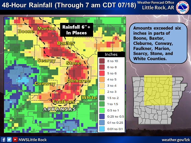 Rainfall totals were over six inches in portions of Boone, Baxter, Cleburne, Conway, Faulkner, Marion, Searcy, Stone, and White Counties in the forty eight four hour period ending at 700 am CDT on 07/18/2024. CREST (Coupled Routing and Excess Storage) Unit Flow values were at the top of the scale in portions of Marion County, indicating severe to unprecedented flooding. Crooked Creek quickly rose twelve feet at Yellville (Marion County), and crested at 22.19 feet (a top 10 crest along the tributary since 1985).