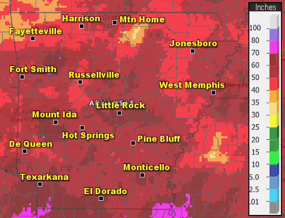 The wettest conditions in 2024 were found along the Arkansas River from west central into central Arkansas, and also in the far southwest. The driest areas were found in portions of the north/east and the Ouachita Mountains. Overall, it was a wetter than usual year by four to five inches.