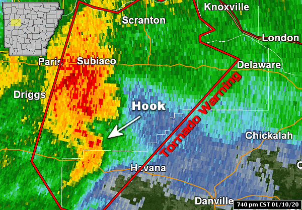 A supercell (storm with rotating updrafts and exhibiting features such as a hook echo and strong rotation) was south of Subiaco (Logan County) at 740 pm CST on 01/10/2020. The supercell preceded a line of storms building into western Arkansas from Oklahoma. 