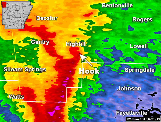 A supercell (storm with rotating updrafts and exhibiting features such as a hook echo and strong rotation) was near Highfill (Benton County) at 1218 am CDT on 10/21/2019. The supercell was part of a line of storms moving through western Arkansas. 