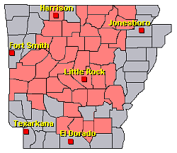 Preliminary reports of mainly snow in the Little Rock County Warning Area on February 14-15, 2021 (in red).