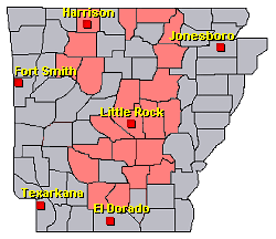 Preliminary reports of mainly snow in the Little Rock County Warning Area on February 17-18, 2021 (in red).