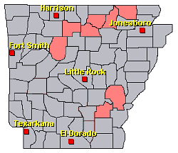 Preliminary reports of severe weather in the Little Rock County Warning Area on March 6-7, 2022 (in red).