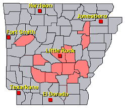 Preliminary reports of severe weather and flash flooding in the Little Rock County Warning Area on December 10-11, 2021 (in red).