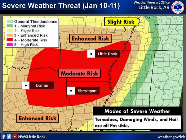 There was an enhanced to moderate risk of severe weather in the twenty four hour period ending at 600 am CST on 01/11/2020. The forecast is courtesy of the Storm Prediction Center.