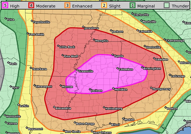 The forecast indicated a moderate to high risk of severe weather from eastern Arkansas and northeast Louisiana to southwest Tennessee, much of Mississippi, and Alabama on 03/17/2021. The forecast was courtesy of the Storm Prediction Center.