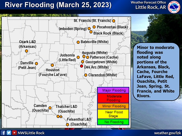 Minor to moderate flooding was noted along the Black, Cache, Fourche LaFave, Little Red, Ouachita, Petit Jean, Spring, St. Francis, and White Rivers on 03/25/2023.