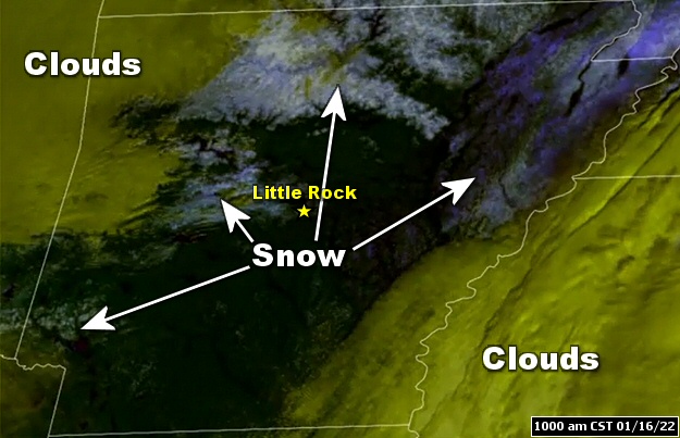 Snow (some heavy) showed up well on satellite in parts of northern and western Arkansas during the morning of 01/16/2022. There was also some snow (mostly light) in the east toward the Mississippi River.