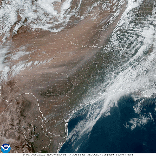 Visible satellite view of the Southern Plains on March 14, 2025 shows dust being lifted northeast across the area.