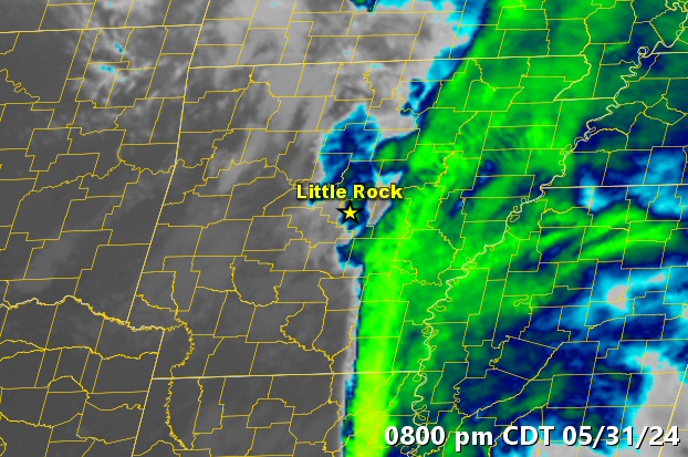 The satellite showed clouds and thunderstorms building continuously over central Arkansas for several hours during the evening of 05/31/2024.