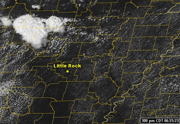 The satellite showed scattered hailstorms in northern Arkansas gradually transitioning into a complex of damaging wind producing storms (Mesoscale Convective System or "MCS") farther south/east during the afternoon and early evening of 06/25/2023. Vertically Integrated Liquid (VIL) values were highest where huge hail occurred, and not-so-high where wind was the main impact.