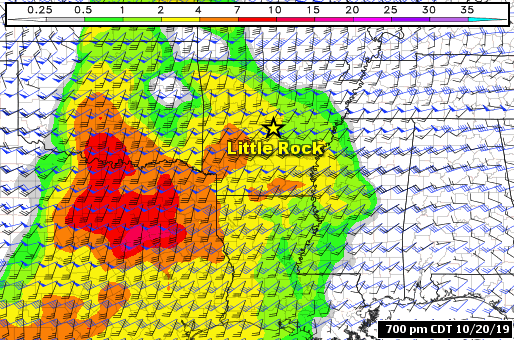 Supercells (storms with rotating updrafts) were likely across northern and western Arkansas in the twelve hour period ending at 700 am CDT on 10/21/2019. The graphics are courtesy of the College of DuPage.