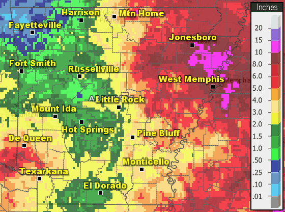 Precipitation across Arkansas.