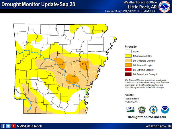 A map of Arkansas that shows drought conditions as of September 28. 