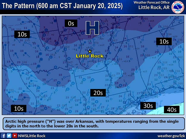 Arctic high pressure ("H") was over Arkansas, with temperatures ranging from the single digits in the north to the lower 20s in the south at 600 am CST at 01/20/2025.