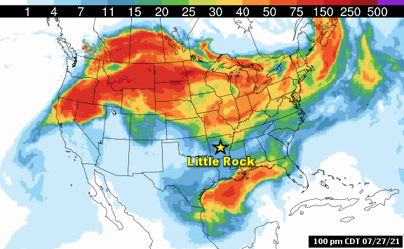 This model showed high values of vertically integrated smoke (in mg/mÂ²) flowing from the Pacific Coast toward the middle of the country in the forty eight hour period ending at 100 pm CDT on 07/29/2021.