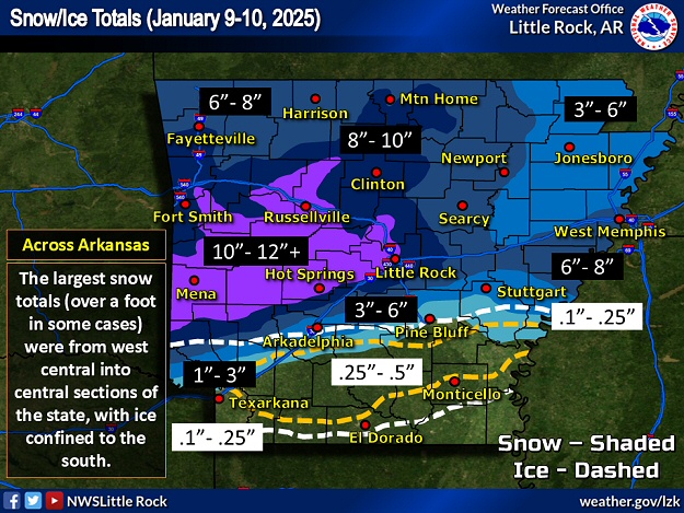 Snow and ice totals on January 9-10, 2025. Where the heaviest snow (10" to 12"+) occurred from west central into central Arkansas, liquid precipitation averaged 1" to 1.5".