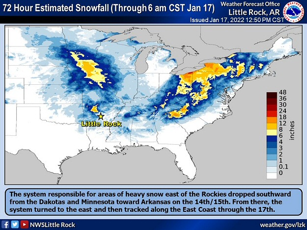 The system responsible for areas of heavy snow east of the Rockies dropped southward from the Dakotas and Minnesota on January 14-15, 2022. From there, the system turned to the east and then tracked along the East Coast through the 17th.