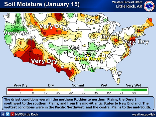 Ground water/soil moisture on 01/15/2025 was the most depleted from the northern Rockies to northern Plains, the Desert southwest to the southern Plains, and the mid-Atlantic states to New England.  The wettest conditions were in the Pacific Northwest, and the central Plains to the mid-South.