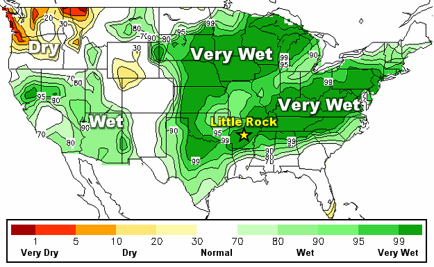 Soil moisture was well above average (30 to 70 percent) in many areas east of the Rockies on 03/18/2019.