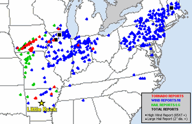 Severe weather reports in the seventy two hour period ending at 600 am CST on 03/08/2022. The graphic is courtesy of the Storm Prediction Center.