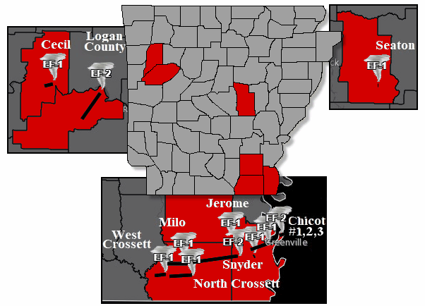 Eleven tornadoes (rated EF1/EF2) were counted across Arkansas on January 10-11, 2020.