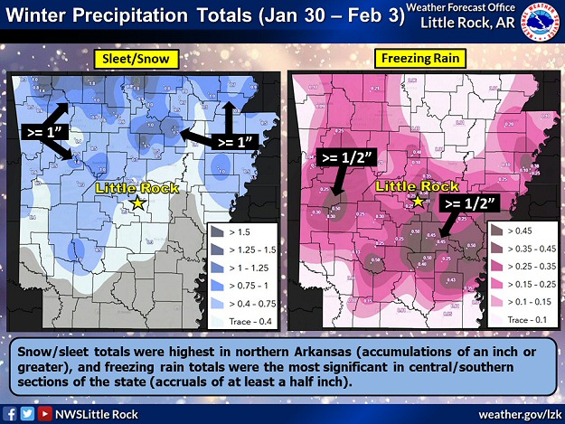 Snow/sleet totals were highest in northern Arkansas (accumulations of an inch or greater), and freezing rain totals were the most significant in central/southern sections of the state (accruals of at least a half inch) in the four day period ending at 600 am CST on 02/03/2023.