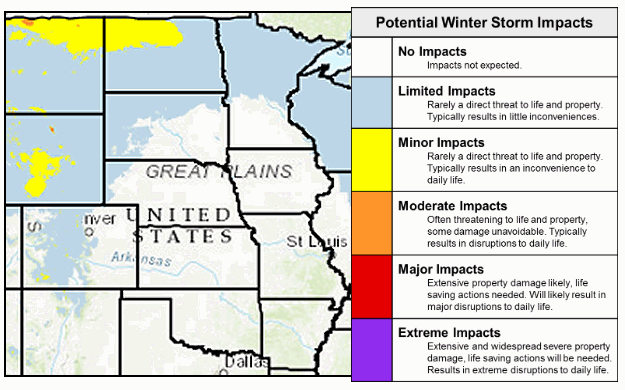 Three day Winter Storm Severity Index (WSSI) through 1200 pm CST on 11/20/2019. Limited to minor impacts were expected in the northern and central Rockies, the northern Plains, and the upper Midwest.