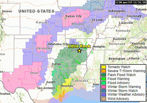 Winter weather, severe weather, and flood headlines were posted across the central United States at 1130 am CST on 12/31/2020.