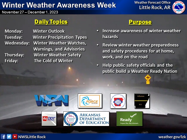 Winter Weather Awareness Week is a joint effort between the National Weather Service and several partners across Arkansas including the Department of Emergency Management, the Department of Transportation, and the Department of Education.