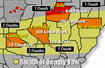 While there were several bowing segments early on 04/15/2011, one dominant bow was responsible for most of the destruction during this event. The bow traversed the central third of Arkansas.