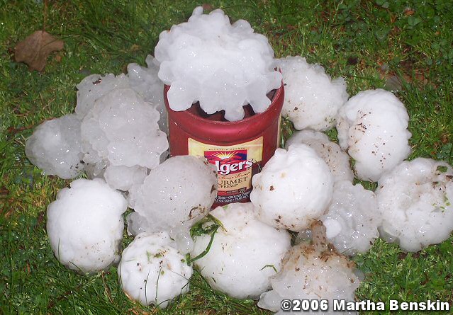 There was massive hail (bigger than grapefruits) just north of Searcy (White County) on 04/02/2006. The photo is courtesy of Martha Benskin.