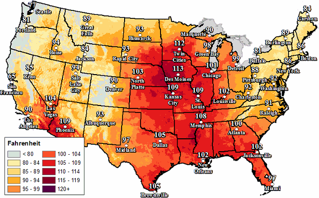 Forecasts called for dangerous heat index values over 100 degrees all the way to Minnesota on 07/21/2016.
