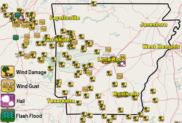 There were numerous reports of wind damage across the southwest half of Arkansas on 07/14/2016.