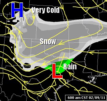 A storm system ("L") tracked through Texas on 02/09/2011, and spread snow into Arkansas. The system was followed by arctic high pressure ("H") and much colder air.