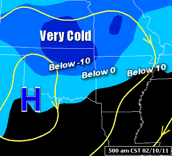 Arctic high pressure ("H") was over the southern Plains at 500 am CST on 02/10/2011. Under the high, it was very cold from northern Oklahoma into northwest Arkansas, with well below zero temperatures.