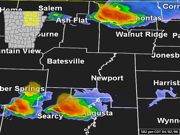 The WSR-88D (Doppler Weather Radar) showed isolated severe storms from central into northeast Arkansas at 502 pm CDT on 04/02/2006.