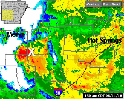 The WSR-88D (Doppler Weather Radar) showed storms continually developing to the southeast of Mena (Polk County) and moving over the Albert Pike Recreation Area (Montgomery County)...or "X"...Â during the early morning hours of 06/11/2010.