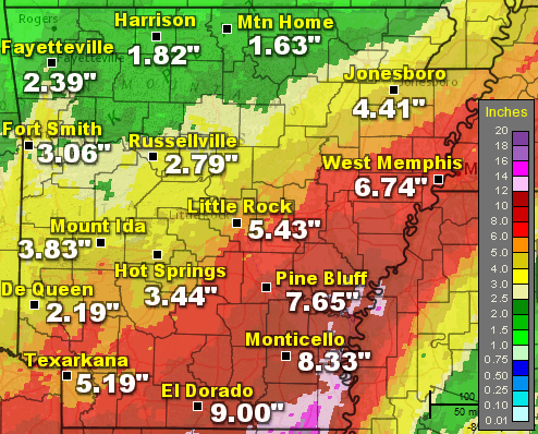 Seventy two hour (three day) rainfall in Arkansas and surrounding areas through 600 pm CST on 03/10/2016.