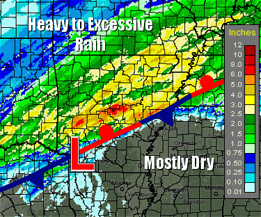 Forty eight hour rainfall through 1100 pm CDT on 05/01/2011. Precipitation was along and north of a front.