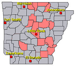 Preliminary reports of severe weather and lightning in the Little Rock County Warning Area on June 19, 2019 (in red).