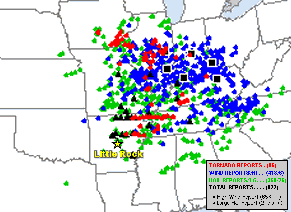 Severe weather reports in the twenty four hour period ending at 700 am CDT on 04/03/2006. The graphic is courtesy of the Storm Prediction Center.