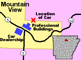 The location of the car dealership, the professional buildings and the thrown car in Mountain View (Stone County).