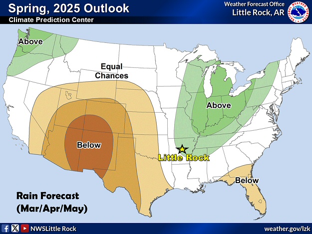 The spring outlook from the Climate Prediction Center is leaning toward wetter than normal conditions from the Ohio Valley into Arkansas. In response to this, there is a 50 percent probability of at least minor flooding along portions of the Black, Cache, and White Rivers in eastern sections of the state.